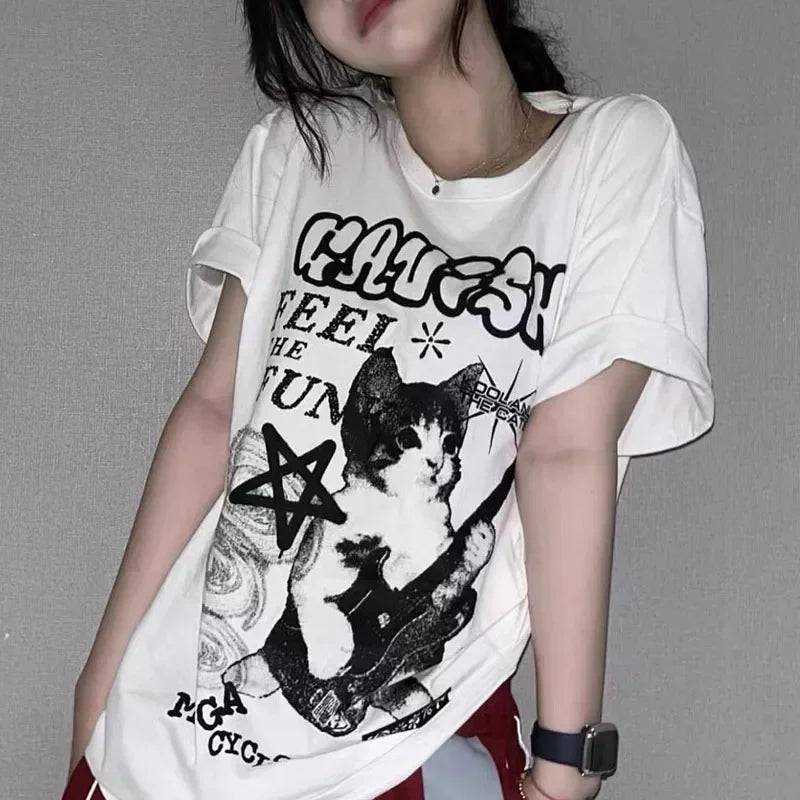 American cat rock guitar graphic t-shirt
