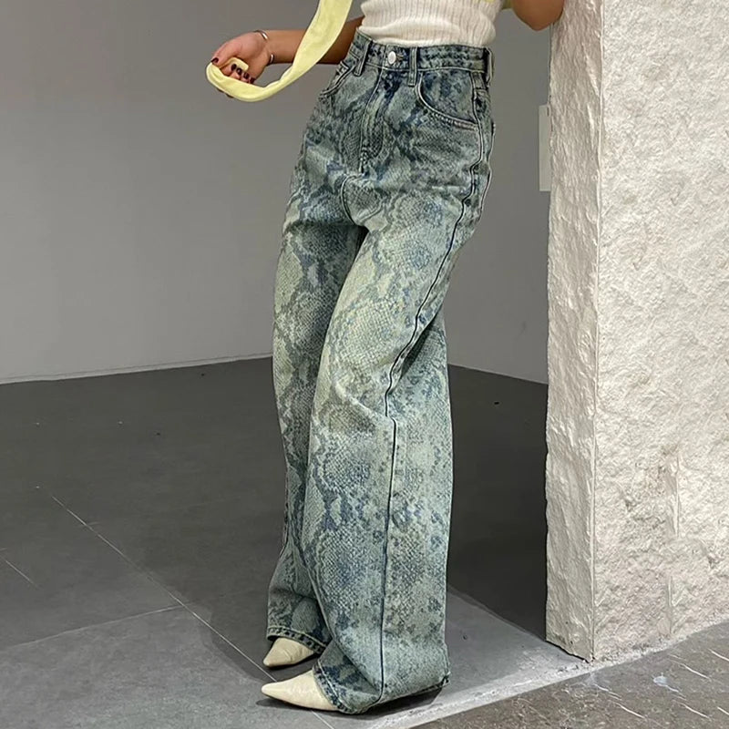 Streetwear snake-print wide leg jeans